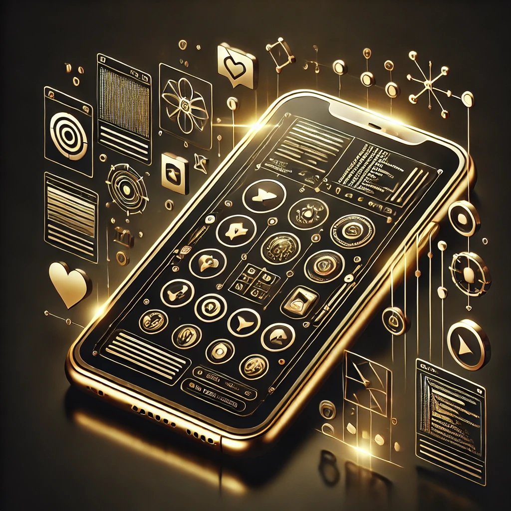 DALL·E 2024-11-14 01.25.15 - A sleek, gold-themed image representing mobile app development. The design is modern and minimalist, featuring a glowing, stylized smartphone with abs