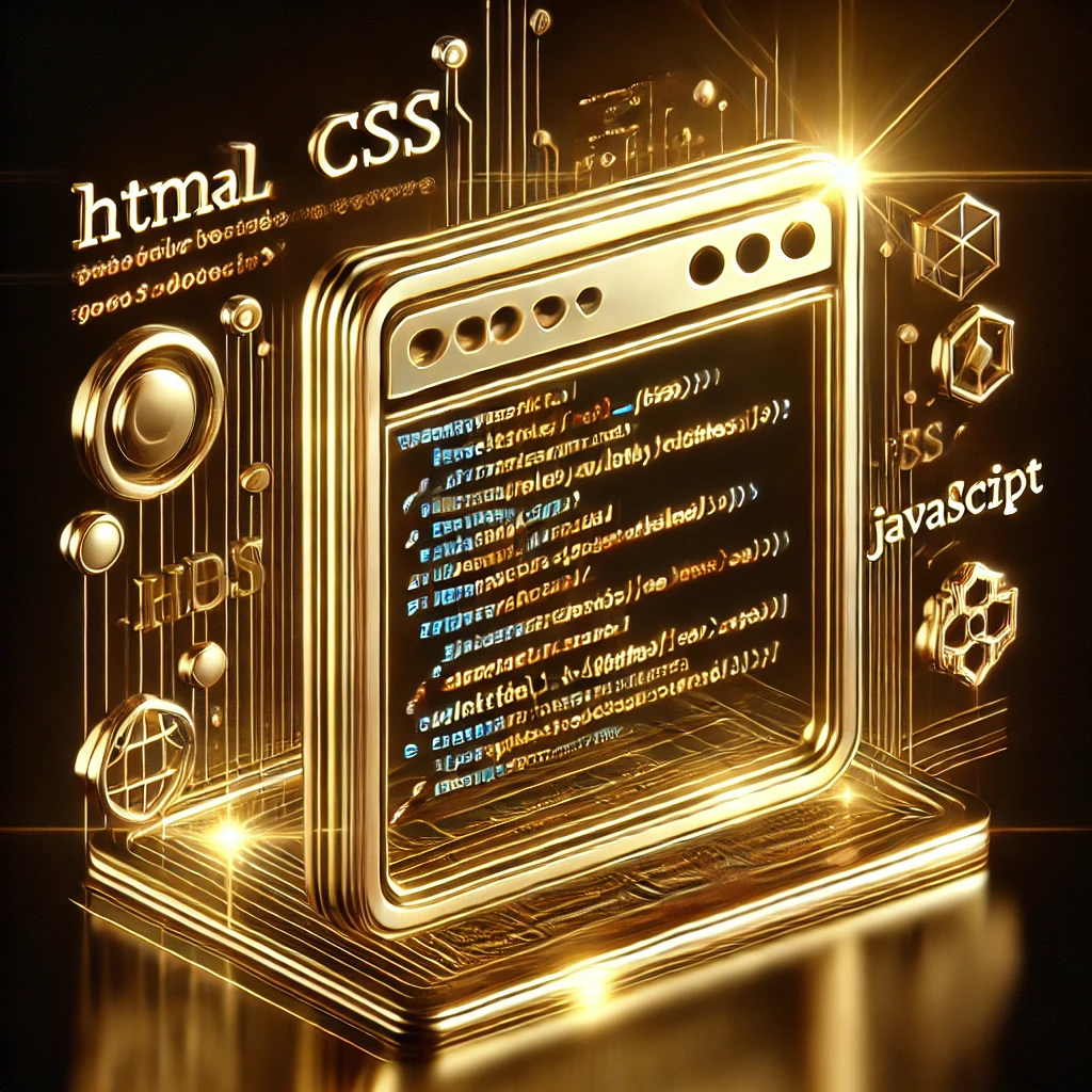 DALL·E 2024-11-14 01.25.16 - A sleek, gold-themed image representing web development. The design is modern and minimalist, featuring a glowing browser window with code symbols, re