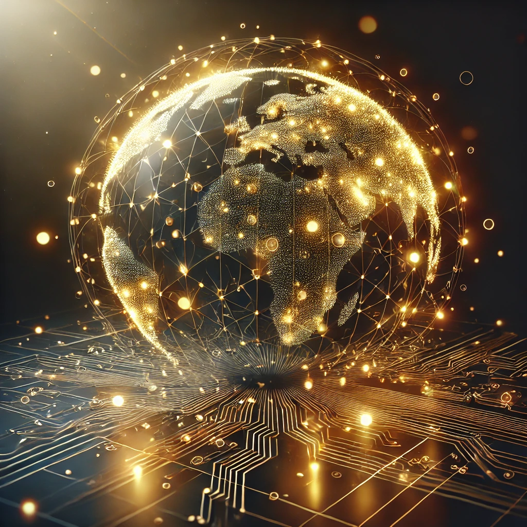 DALL·E 2024-11-27 00.23.31 - An abstract image symbolizing innovation and excellence in the IT industry, featuring a glowing golden network of interconnected nodes and circuits fo